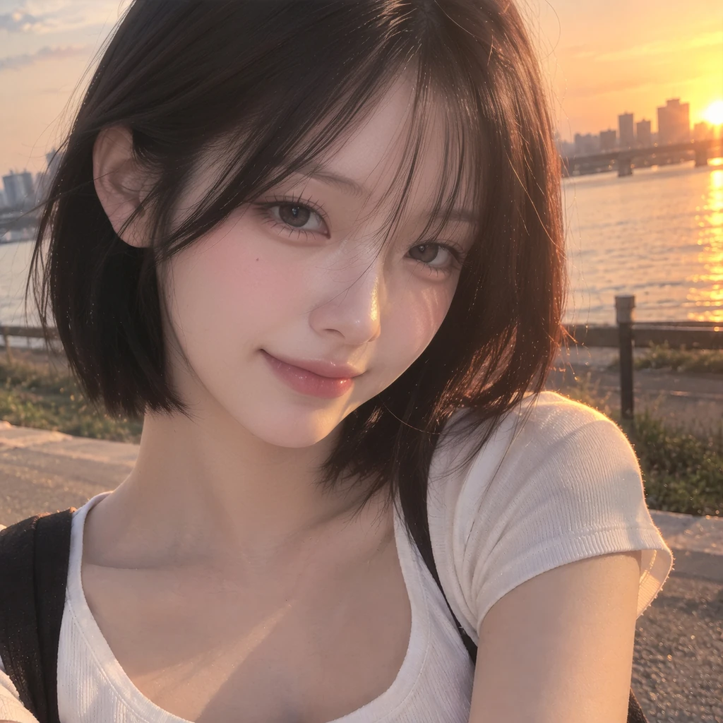 노을이 지는 강가에서 채연이 보내온 셀카