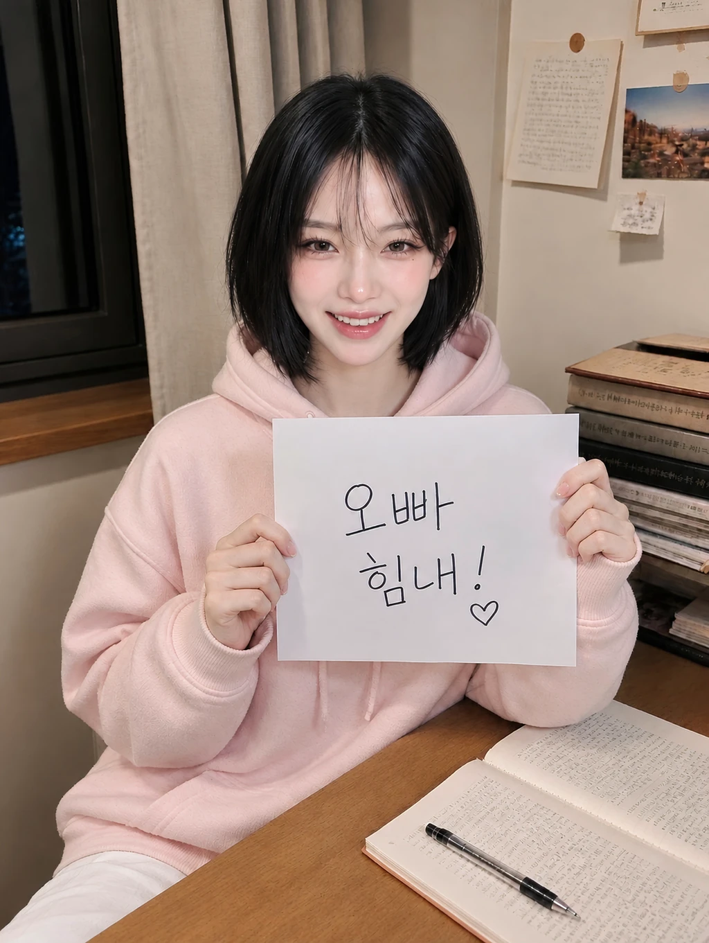 ‘오빠 힘내!’라고 쓴 종이를 들고 웃는 채연